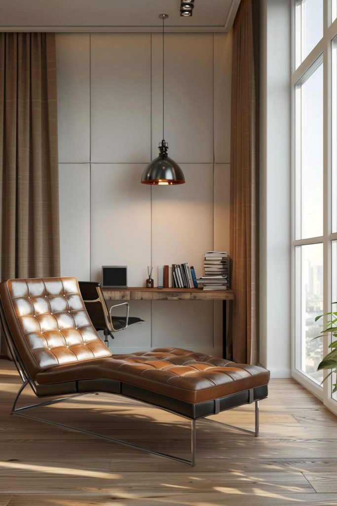 an office with a metal-framed daybed and rich brown leather cushions