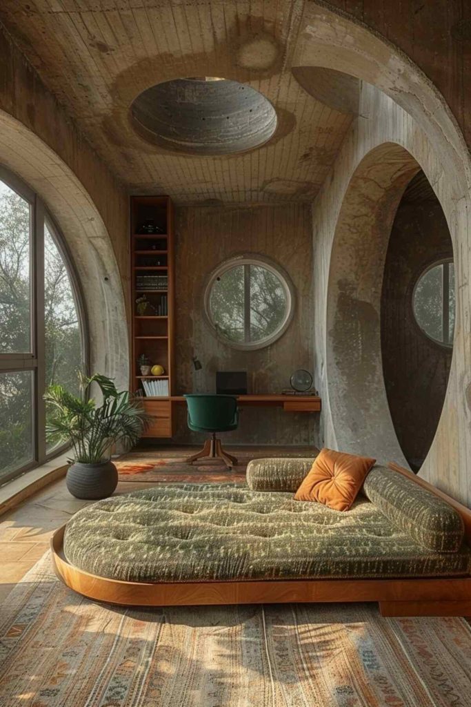 An office with round architectural elements and a curved daybed with a lush green cushion