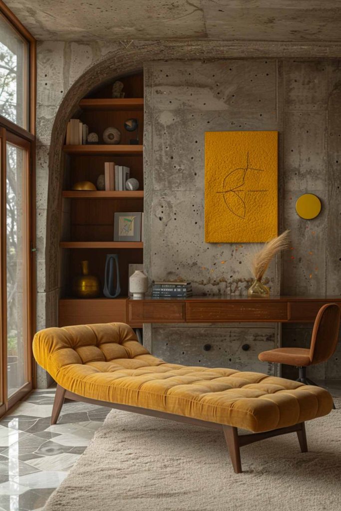 An office with a daybed with a mustard pillow, a vintage wooden desk, a brown chair and built-in shelves full of books