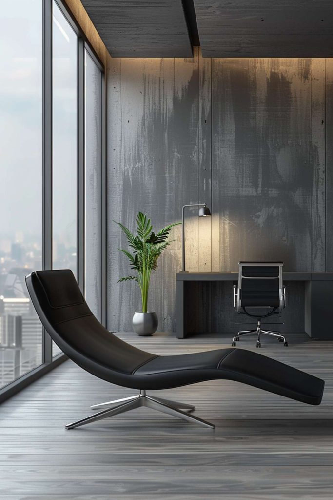 An office with a black lounge-style daybed in front of gray distressed walls