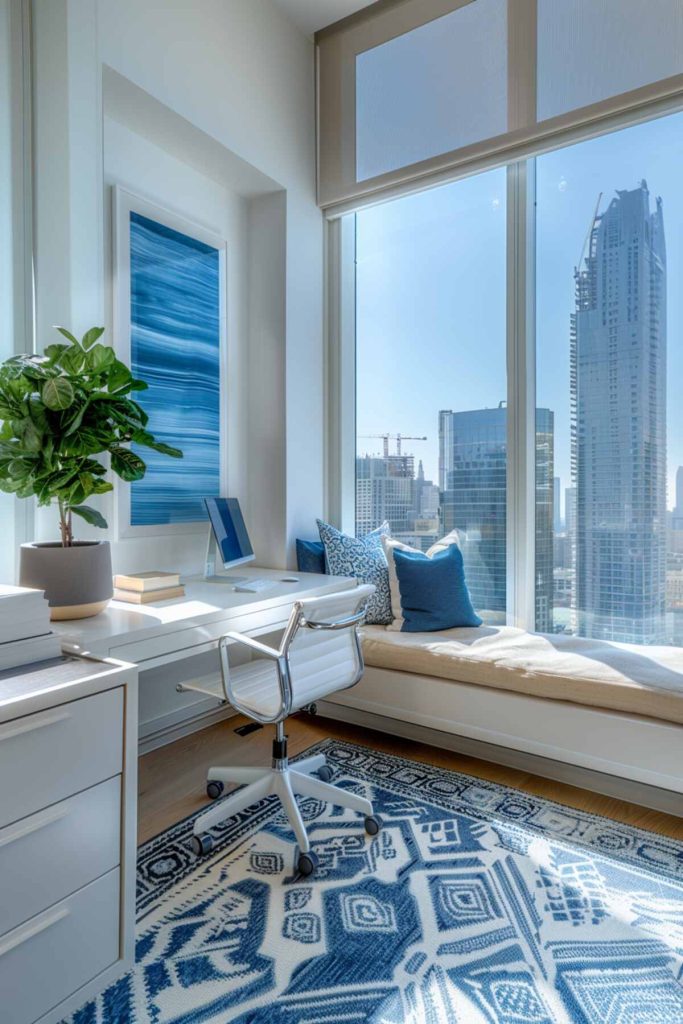 an office with a white daybed adorned with cream and blue and white pillows and resting on an intricately patterned rug