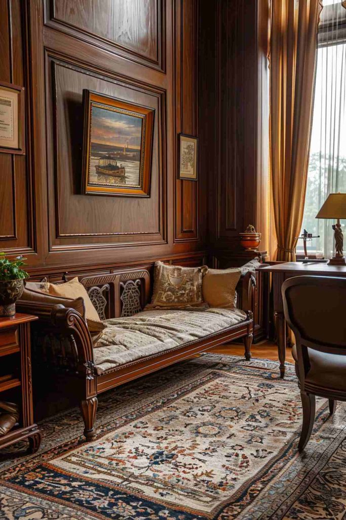 a formal home office setup with warm wooden walls and a traditional wooden daybed