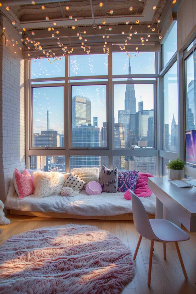 a dreamy office with a simple desk and chair and a daybed on the floor adorned with a mix of cute and furry pillows in front of floor-to-ceiling windows