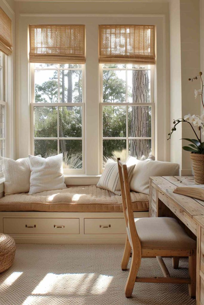 A home office with a beige pillow and white pillows on a daybed in front of the windows 