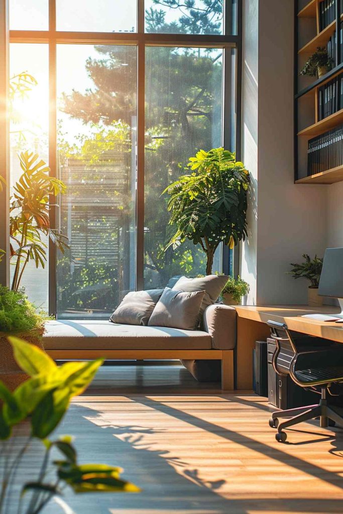 An office with gray cushions of a daybed, an elegant light wood desk and a compact chair 