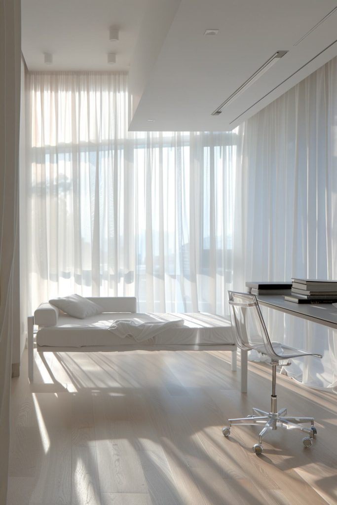 A home office with a white daybed and matching pillows