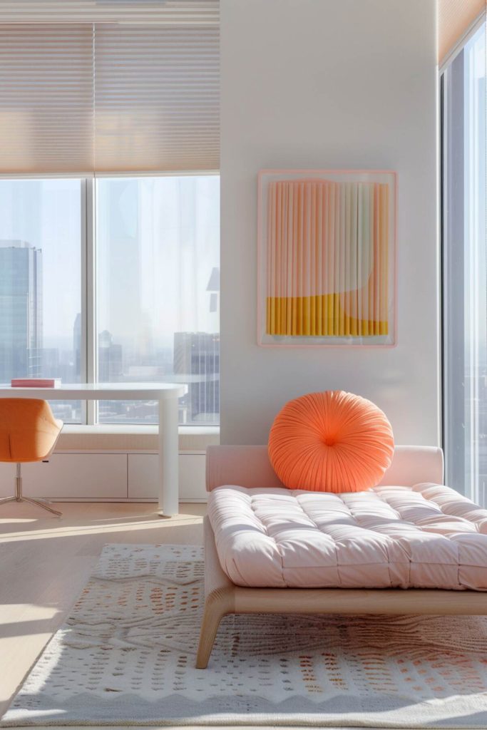 A home office with a bamboo daybed with soft cushions and an orange tufted round pillow