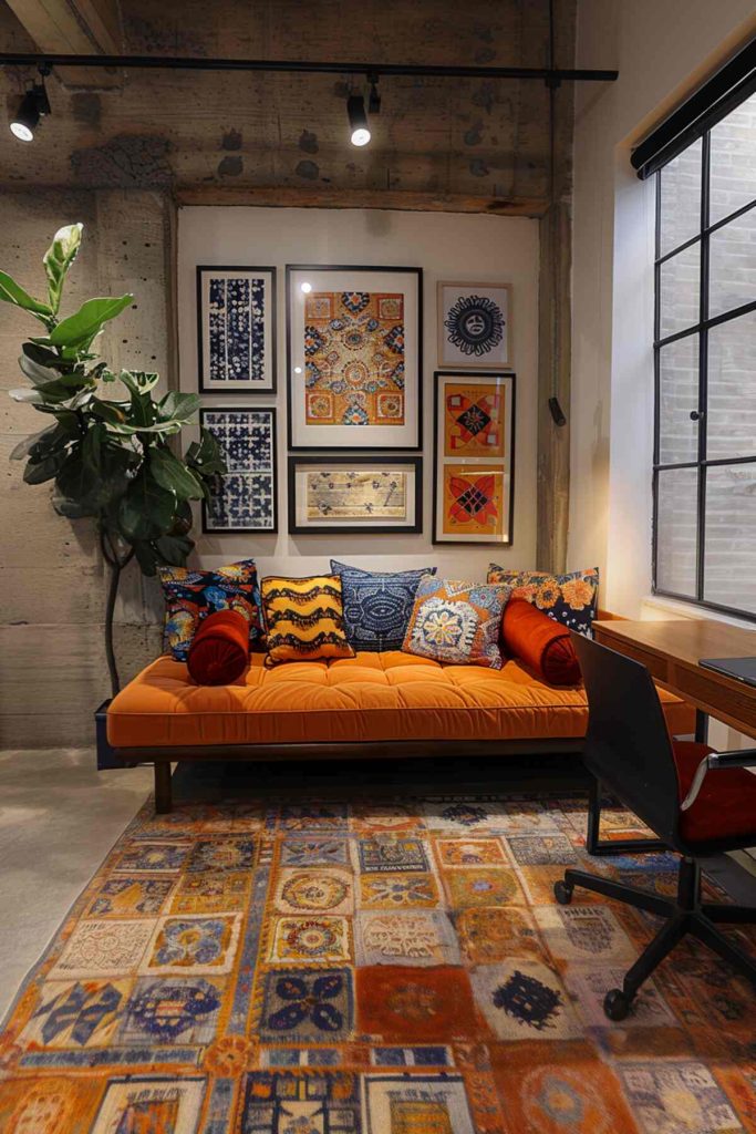 a home office with concrete walls that serve as an industrial-style canvas for a colorful workspace, and a daybed with an orange pillow and a row of bright pillows