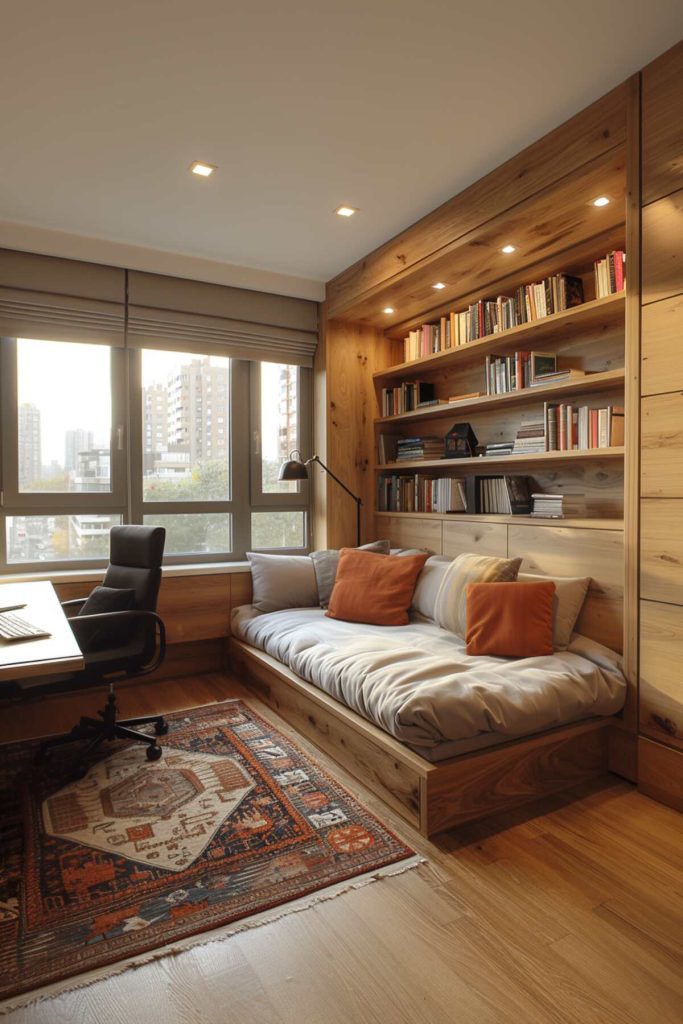 a home office with a soft linen pillow added to a wooden daybed and a built-in bookshelf above filled with books