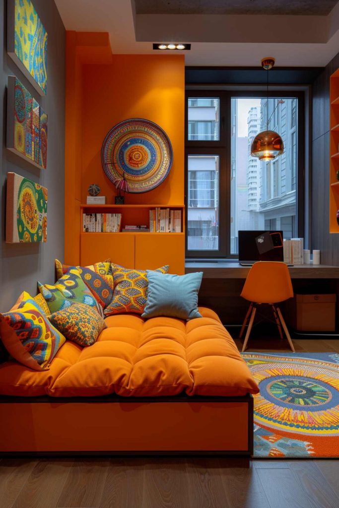 An office with an orange daybed accented with an array of colorful pillows and surrounded by a collection of colorful wall decor