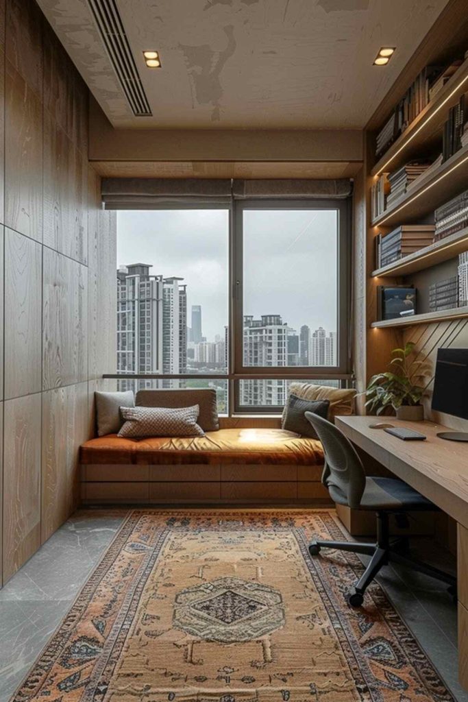 An office surrounded by wood-paneled walls with a daybed and a soft leather pillow by the window