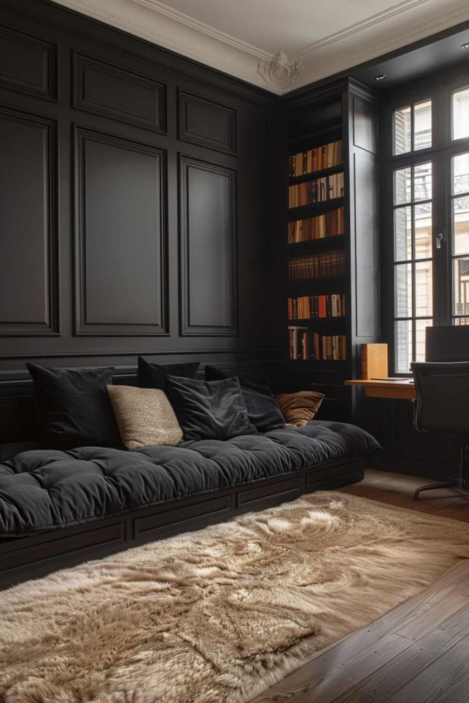 A dark office with a dark daybed and a black pillow that complements the soft fur rug and black bookshelf