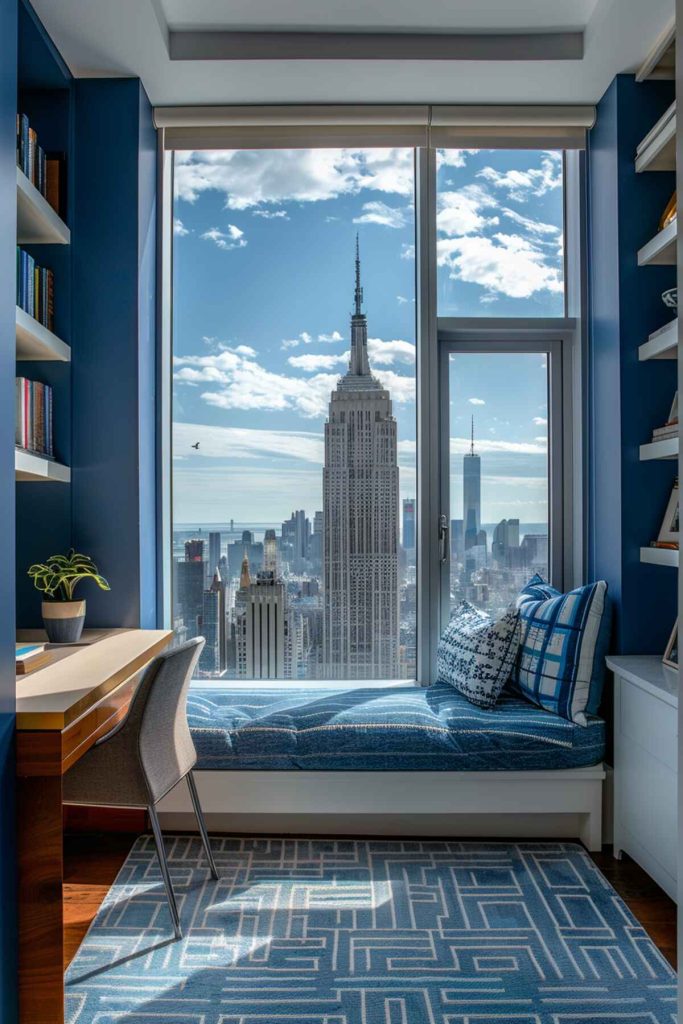 an office with blue pillows on a white daybed in front of floor-to-ceiling windows