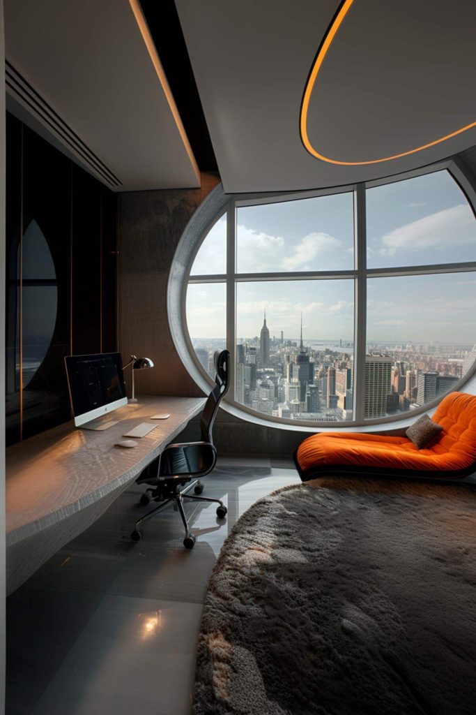 An office with an orange daybed in a chic, grandiose office with a futuristic style, including the curved gray desk top and black office chair