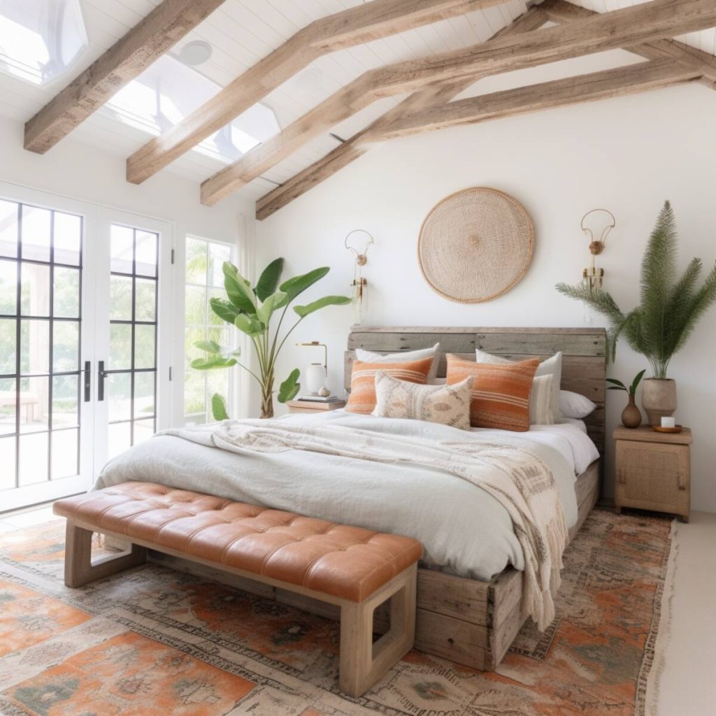 A boho farmhouse bedroom combining a reclaimed wood bed frame and a luxurious vintage rug