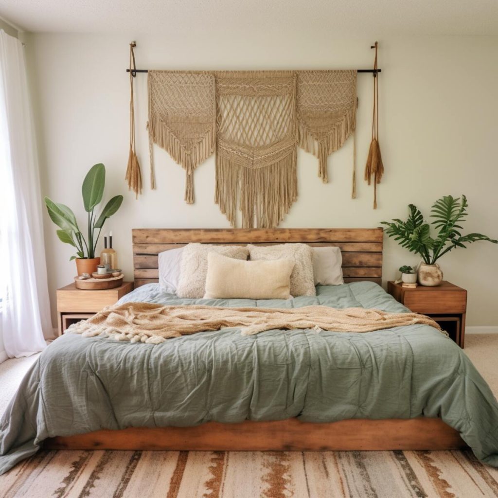 a boho-style bedroom with a low wooden bed and lush green linens