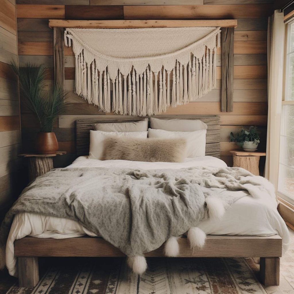 Farmhouse bedroom with wooden walls, white bedding and comfortable gray blankets decorated with fluffy tassels