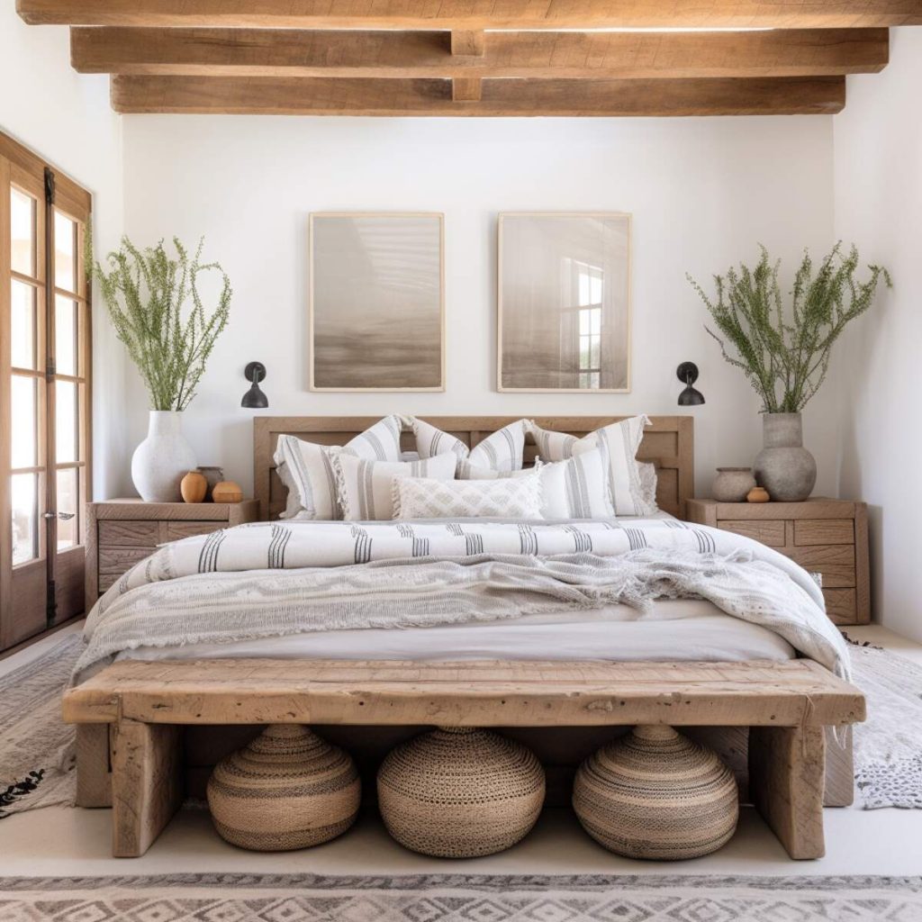 a farmhouse bedroom with decorative woven baskets under the bench in front of clean, striped gray and white linens