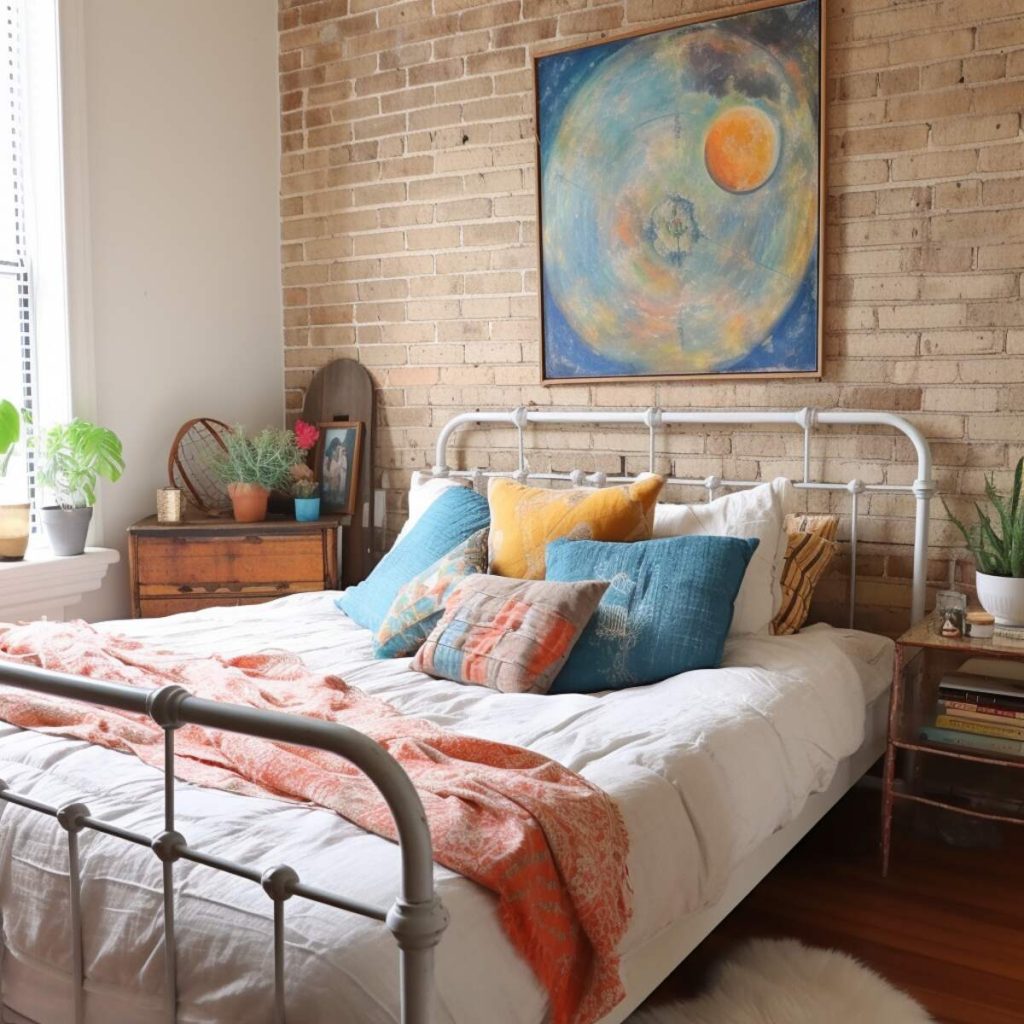 A farmhouse bedroom with a white iron bed frame and an antique wood nightstand—adorned with treasured memorabilia—exudes vintage farmhouse flair 