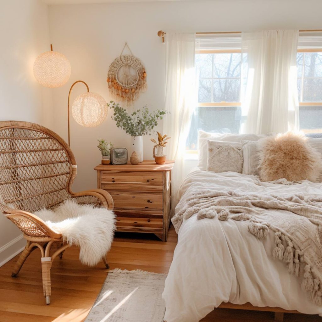 A farm bedroom with a mix of textures on the bed, a knitted throw, a fur pillow and a soft duvet