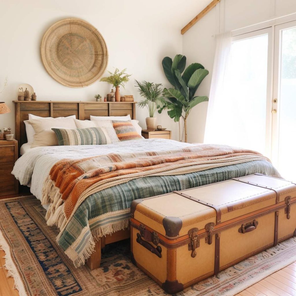 a farmhouse bedroom with throw blankets in tones of orange and green on white bedding and an elegant suitcase