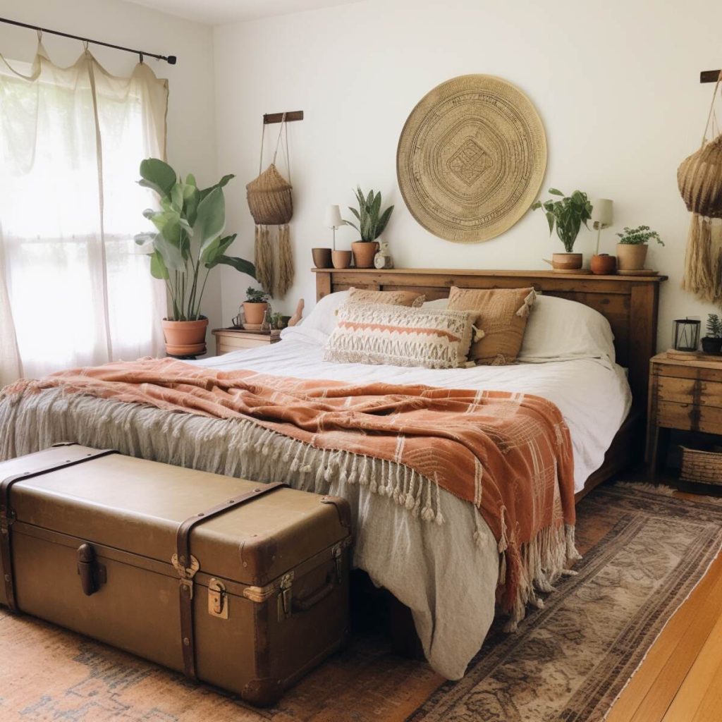 a farmhouse bedroom with white linens, earth-colored pillows with playful tassels and an orange throw, and an antique suitcase 