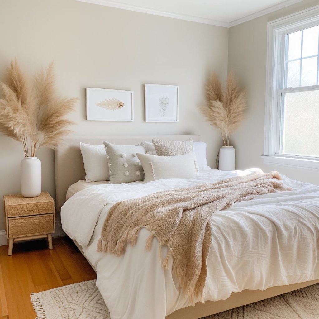 A farmhouse bedroom with a beige knitted throw blanket and minimalist nature art in rectangular white frames and a white wool rug and a rectangular wood panel floor