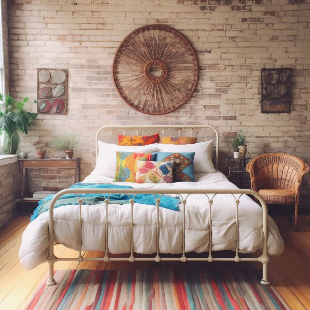 a farmhouse bedroom with a distressed brick background and an iron bed with bright, patterned pillows