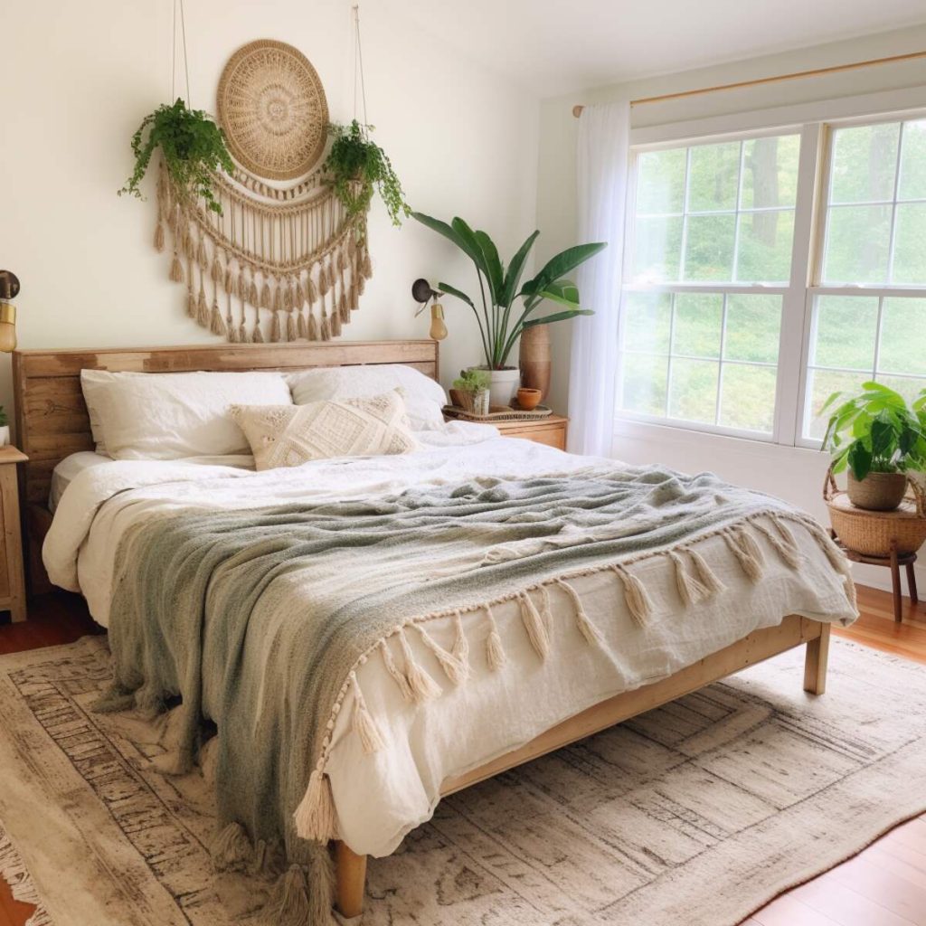 A boho farmhouse bedroom with a wall decor ensemble of woven wall art, hanging plants and tassel embellishments