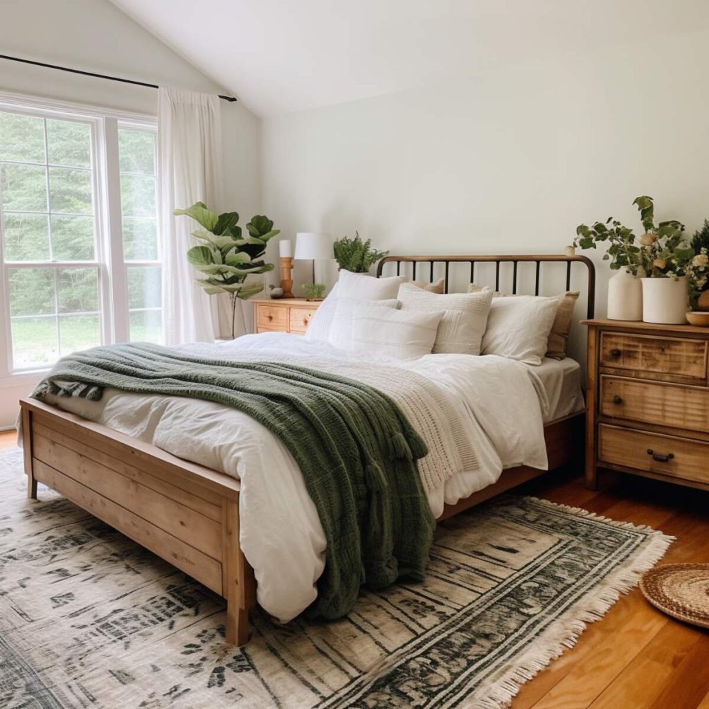 a farmhouse bedroom with a deep green knit blanket contrasting with the purity of the white linens