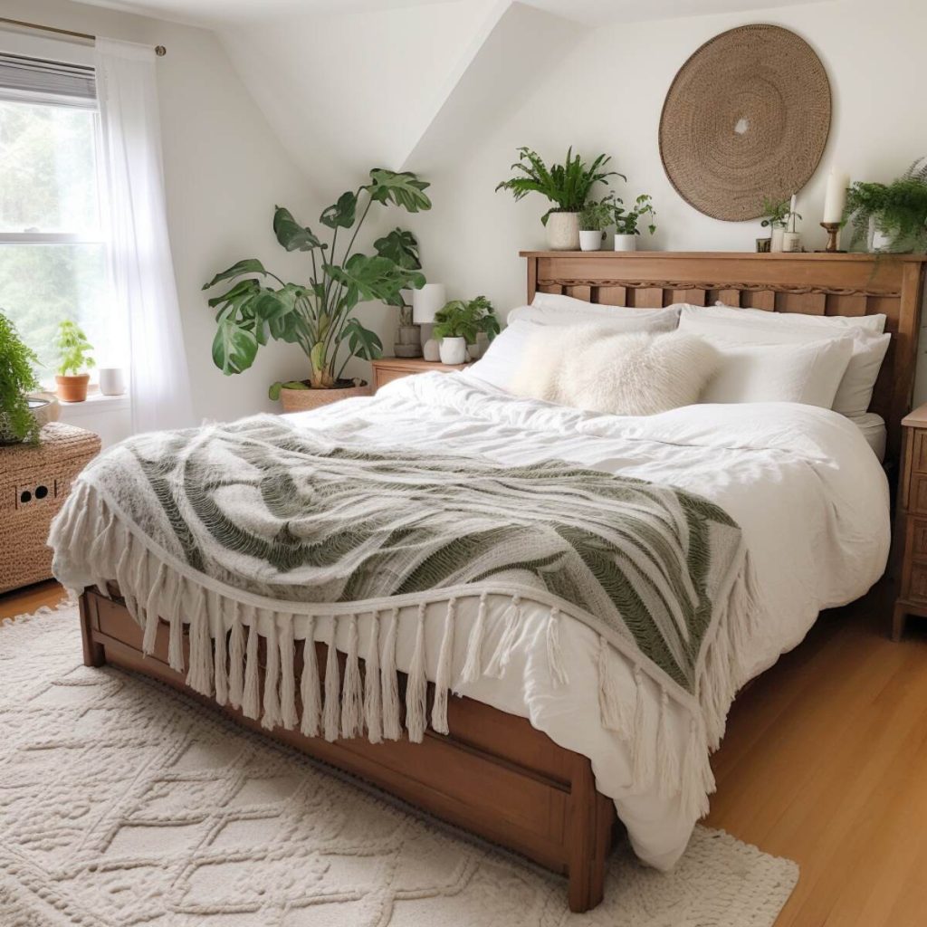 A farmhouse bedroom with a beautiful wooden bed and a woven green blanket with white swirls and tassels