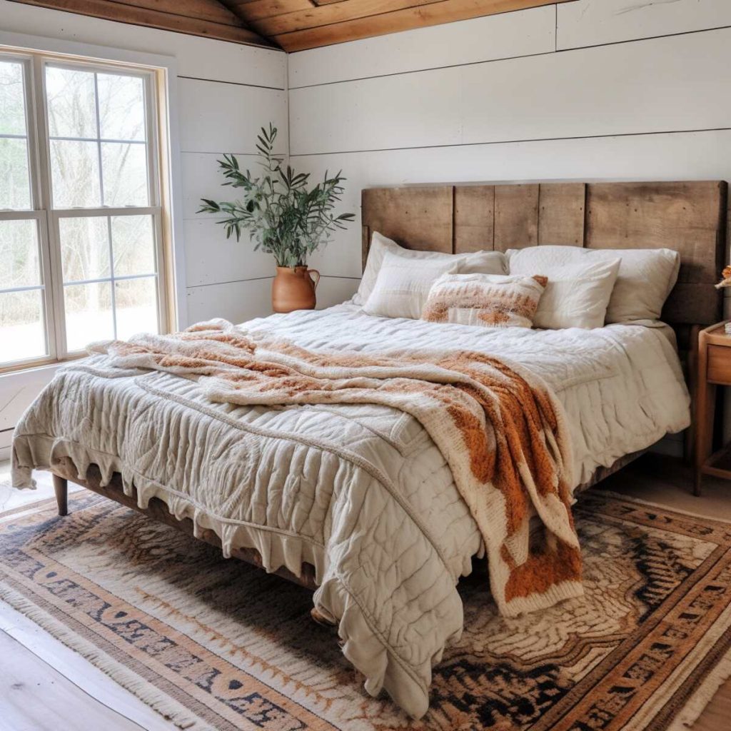 A boho farmhouse style bedroom with white overlapping walls and a rich wooden ceiling