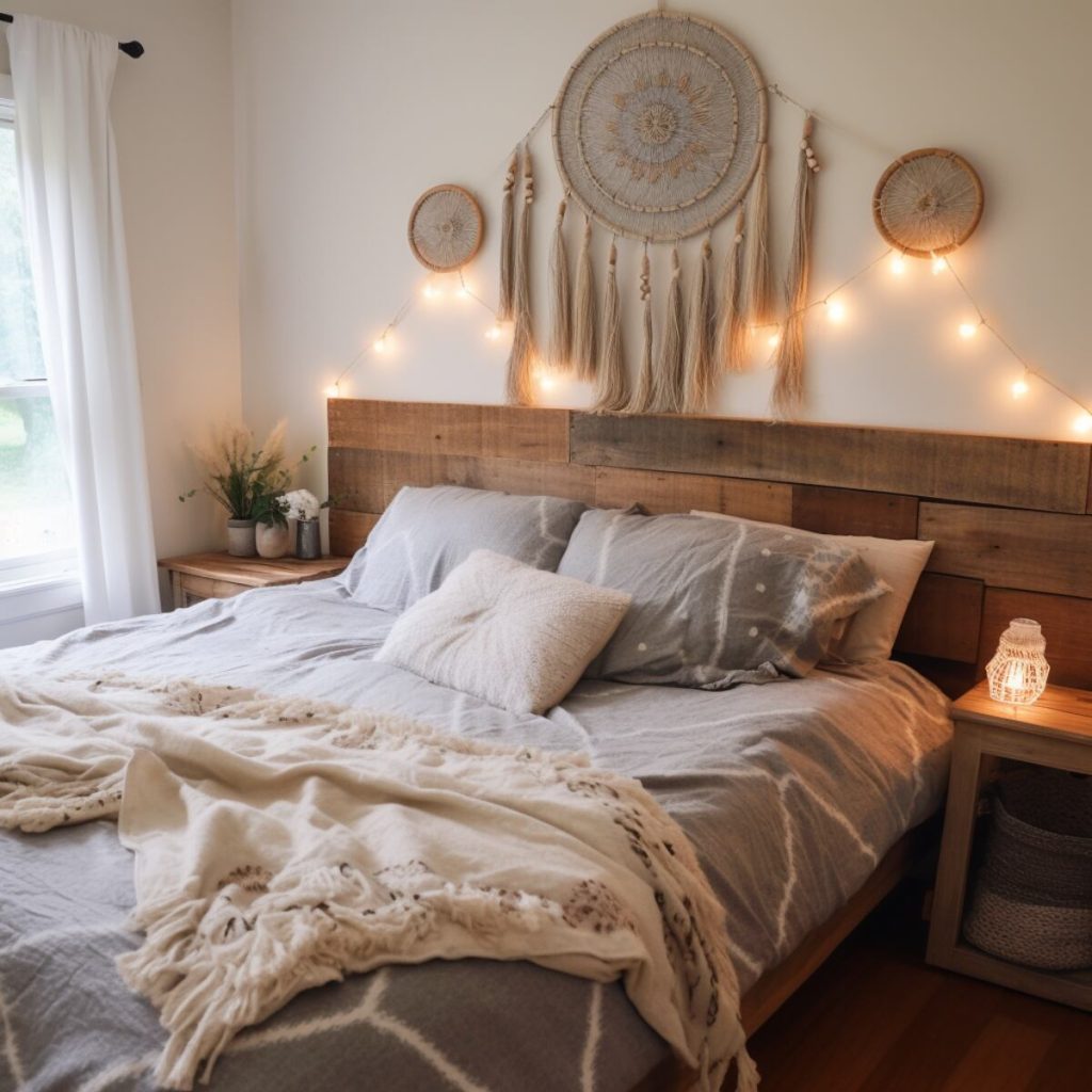 A boho, country-style bedroom where a dream catcher-inspired wall decor sparkles with beautiful fairy lights