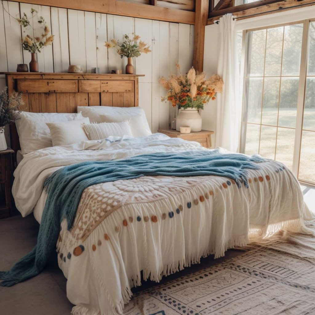 a farmhouse bedroom with a white bed, a blue knit blanket and a boho-style throw decorated with colorful tassels