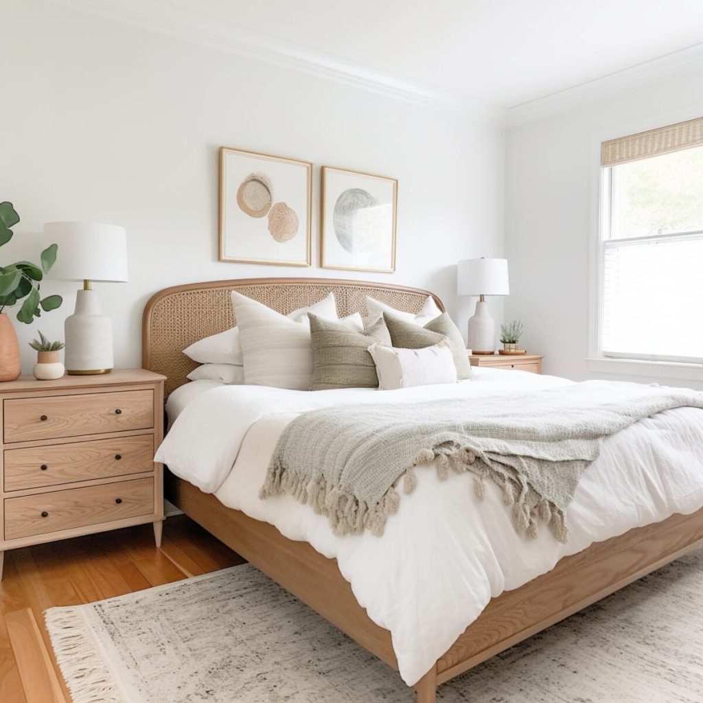 A farmhouse bedroom with a wooden bed frame and rattan headboard complemented by polished wood bedside tables with elegant white lamps