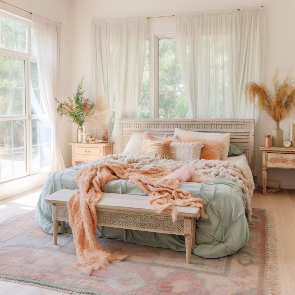 a farmhouse bedroom with a coral knit blanket and light green linens and a light wooden bench 