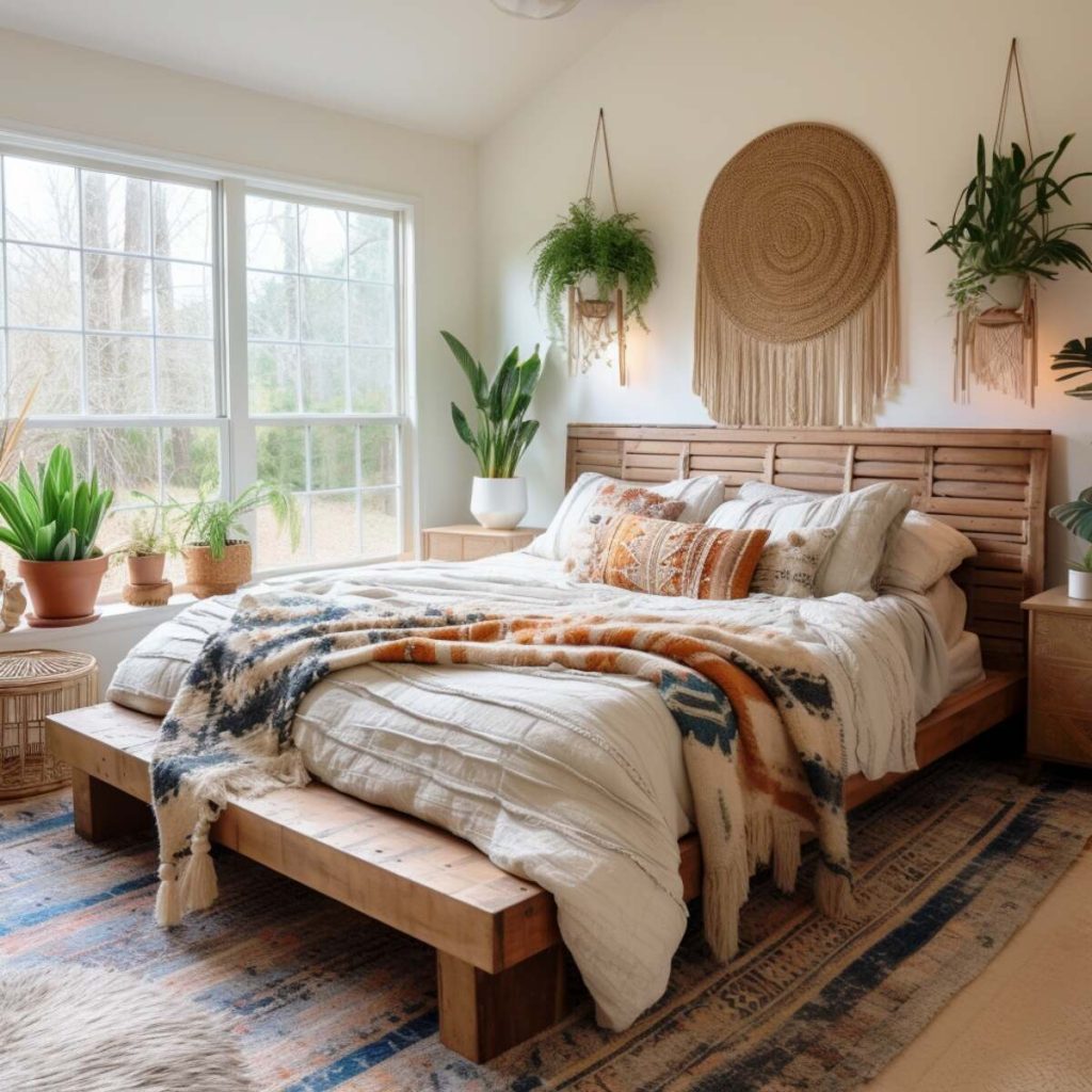 A farmhouse bedroom with a wooden bed frame and slatted headboard, hanging plants and a rattan wall hanging