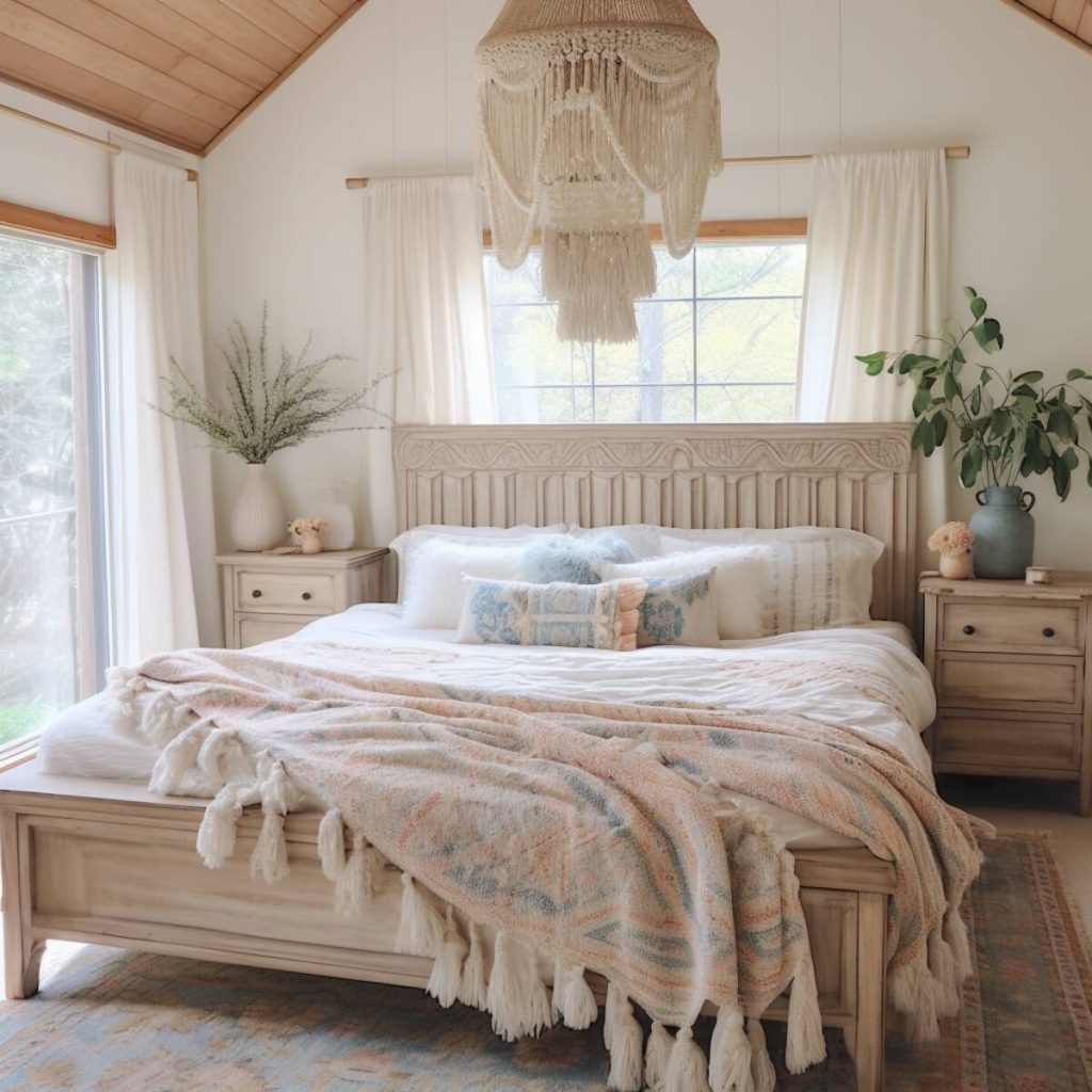 a farmhouse bedroom with a macrame chandelier, a light wood bed with exquisite headboard details and light wood nightstands with green plants