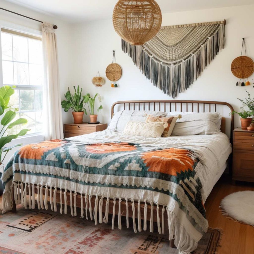 a farmhouse bedroom with a rattan chandelier and macrame wall hanging, as well as rattan wall hangings and potted plants on wooden nightstands