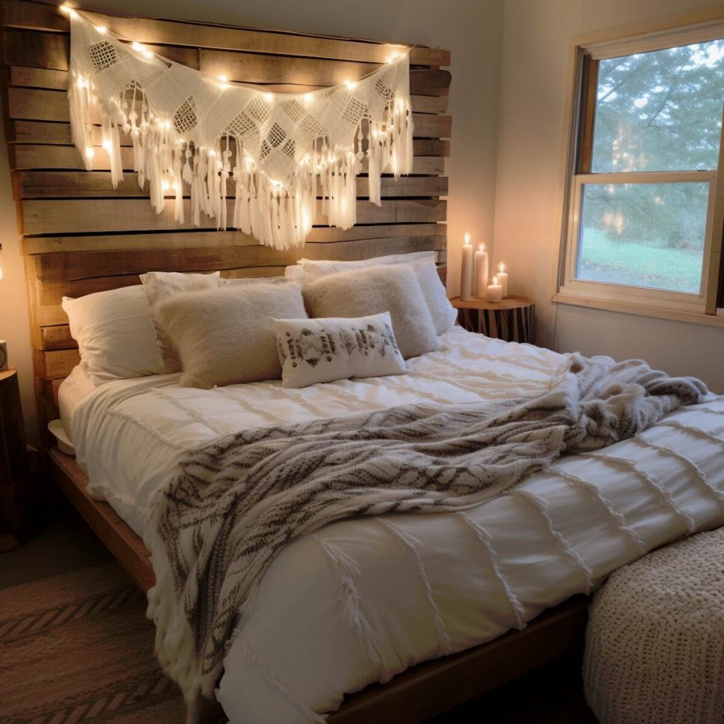 A farmhouse bedroom with a large slatted frame decorated with a macrame wall hanging lit by dreamy fairy lights