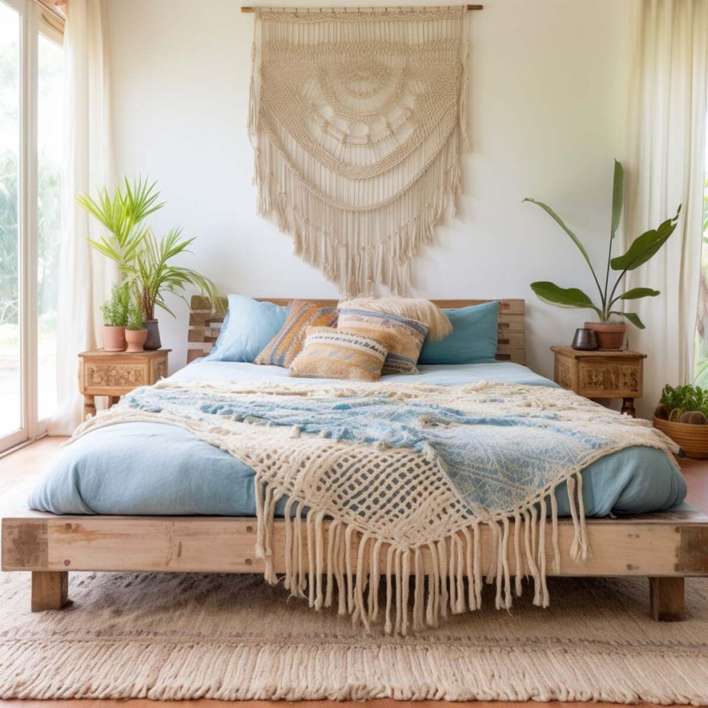 a farmhouse bedroom with blue linens and lovingly crocheted pillows