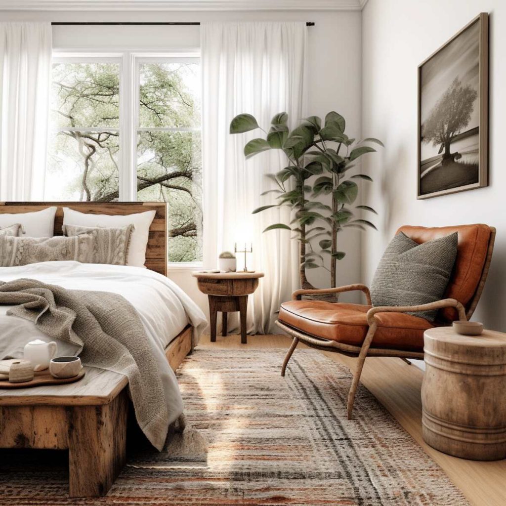 A boho farmhouse bedroom featuring a reclaimed wood bed frame with matching nightstand and bench 