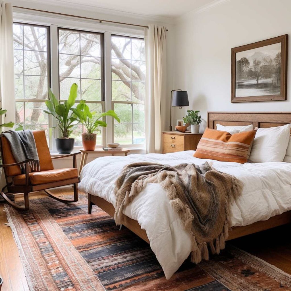 a farmhouse bedroom with a polished wood bed frame, pristine white linens and a knitted brown blanket with playful tassels