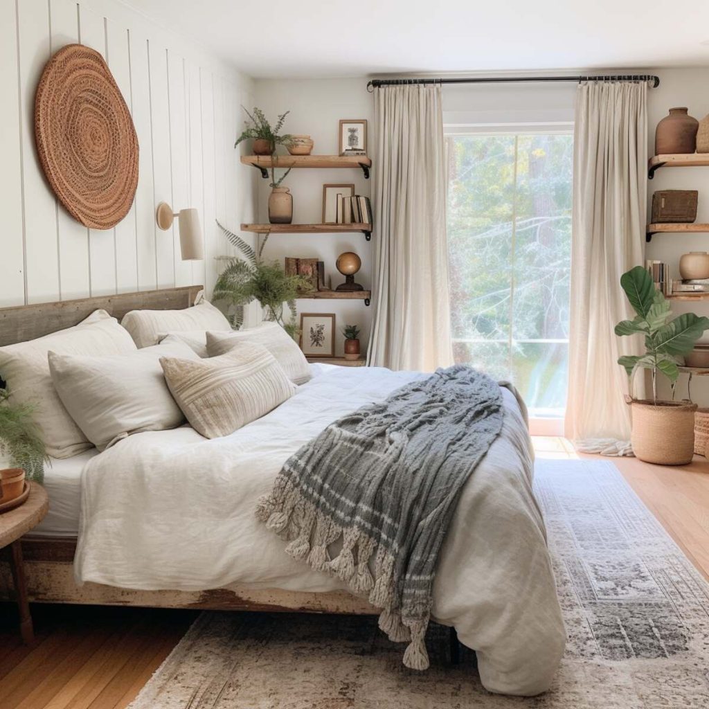 A boho farmhouse bedroom with wall-mounted wooden shelves displaying clay pots, books, plants and framed sketch art