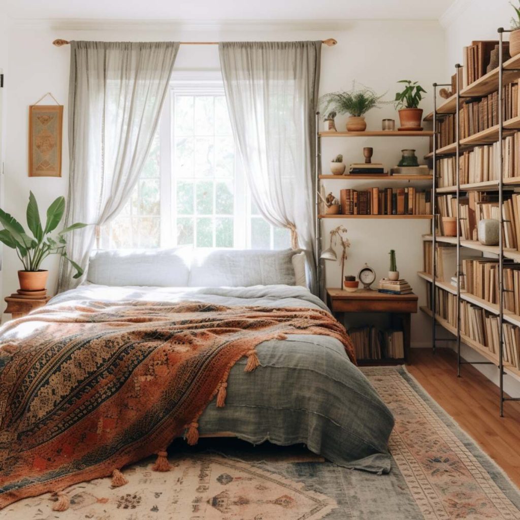 a farmhouse bedroom with an open bookcase, a bed with linen bedding, a boho throw with a patterned rug and a vintage rug