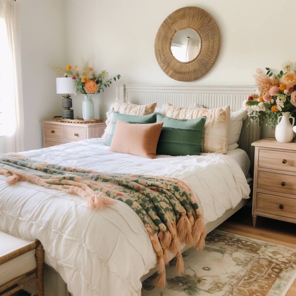 A boho farmhouse bedroom features a pristine white bed highlighted by a floral throw and pillows in shades of green and tan