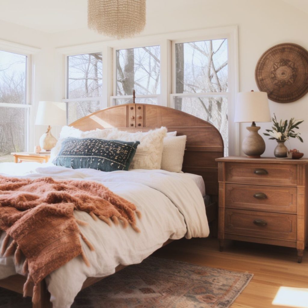 a farmhouse bedroom with a polished wood bed, a gracefully curved headboard and a cozy white pillow 