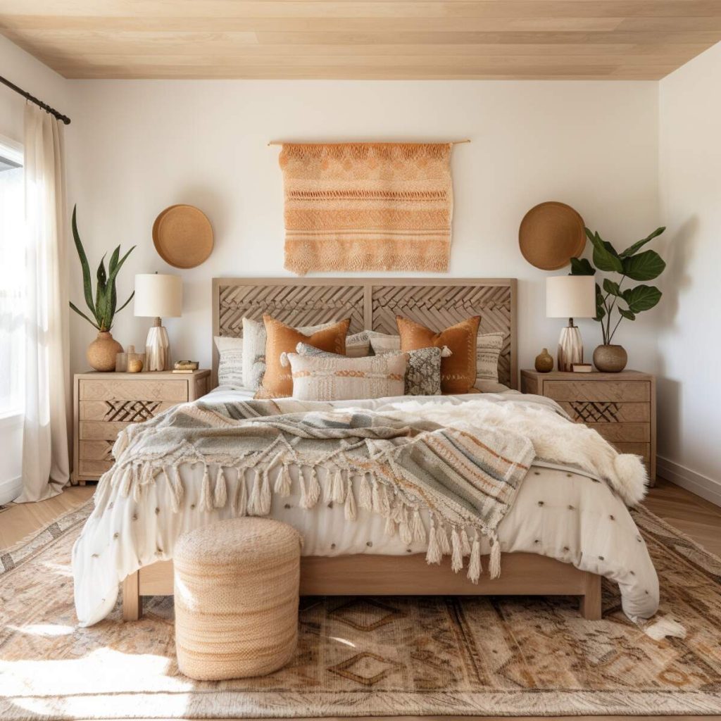 a farmhouse bedroom with a herringbone headboard, tassels and pillowcases in warm tones, and a wooden bedside table with an array of plants, lamps and decorative glassware