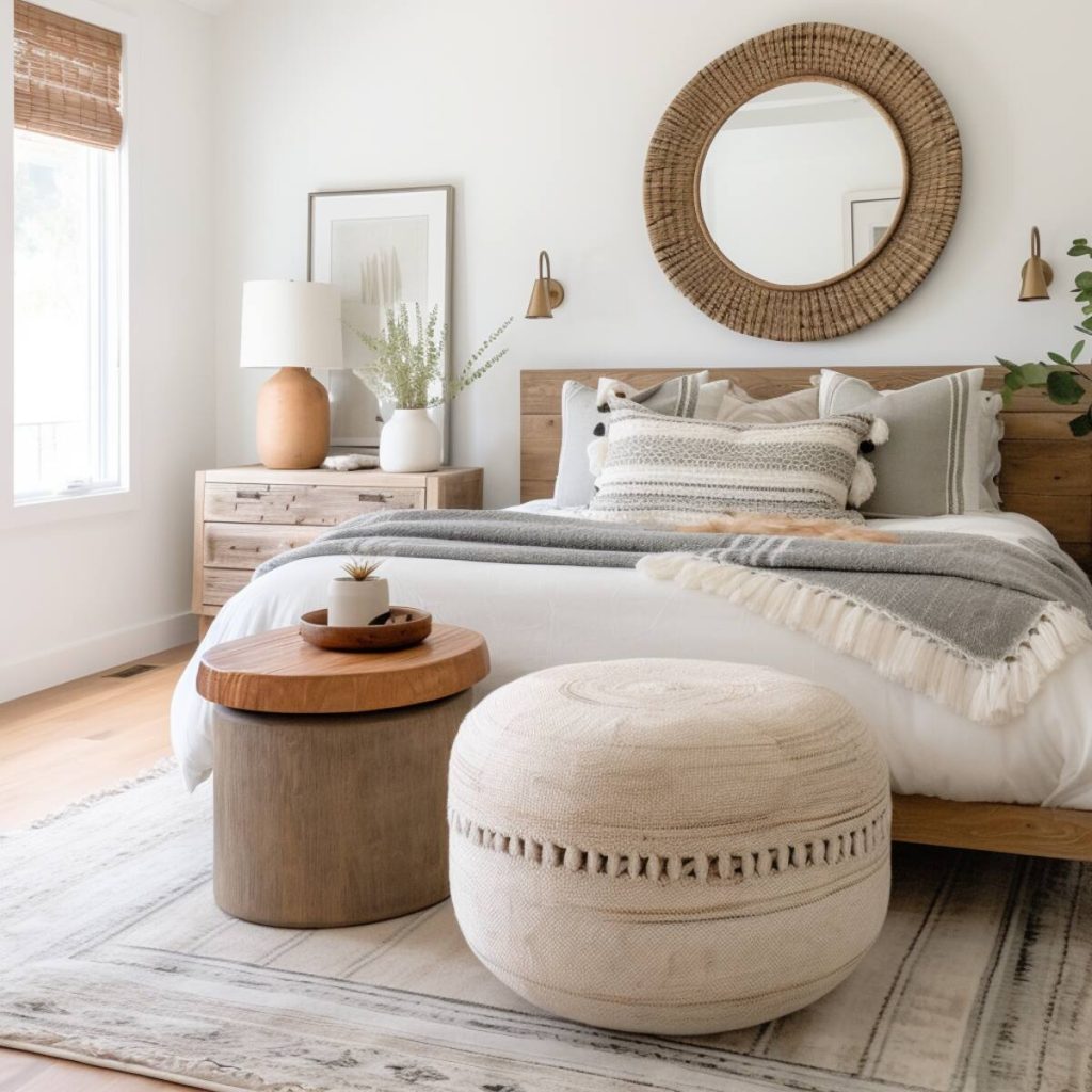 a farmhouse bedroom with an elegant wooden bed frame, a gray blanket above and a rattan mirror above