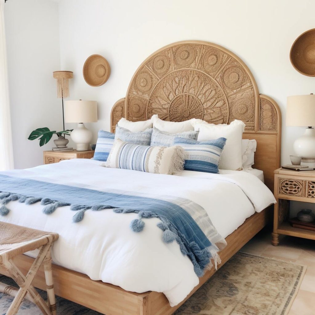 A boho, country-style bedroom with a woven headboard bed frame complemented by blue and white textiles that mimic the hues of the ocean 